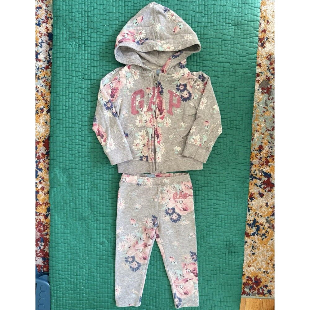 Baby Gap Vintage Girls 2T Pink Hooded Zip Sweatshirt Sweatpants Set Y2K Floral